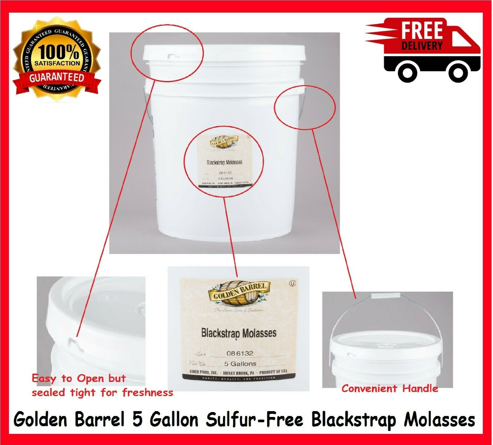 Golden Barrel Sulfur Free Blackstrap Molasses 5 Gallon Pail Commercial Bulk Seal