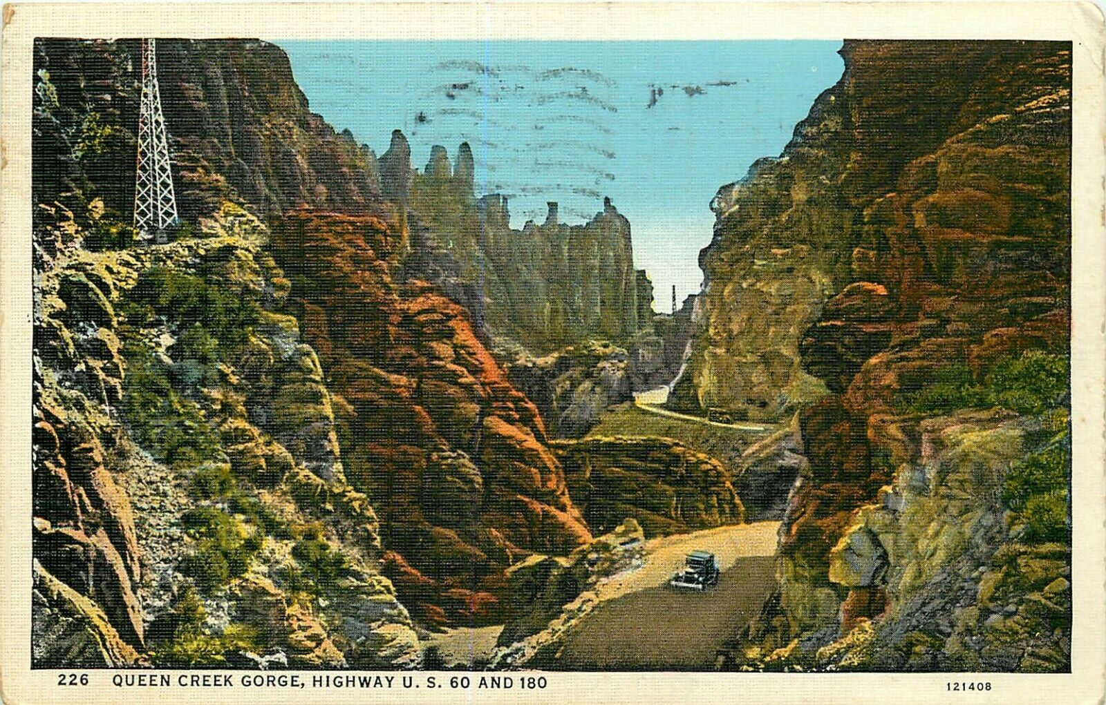 Linen Postcard Az K191 Queen Creek Gorge Highway 60 180 Cancel 1939 Model T Car