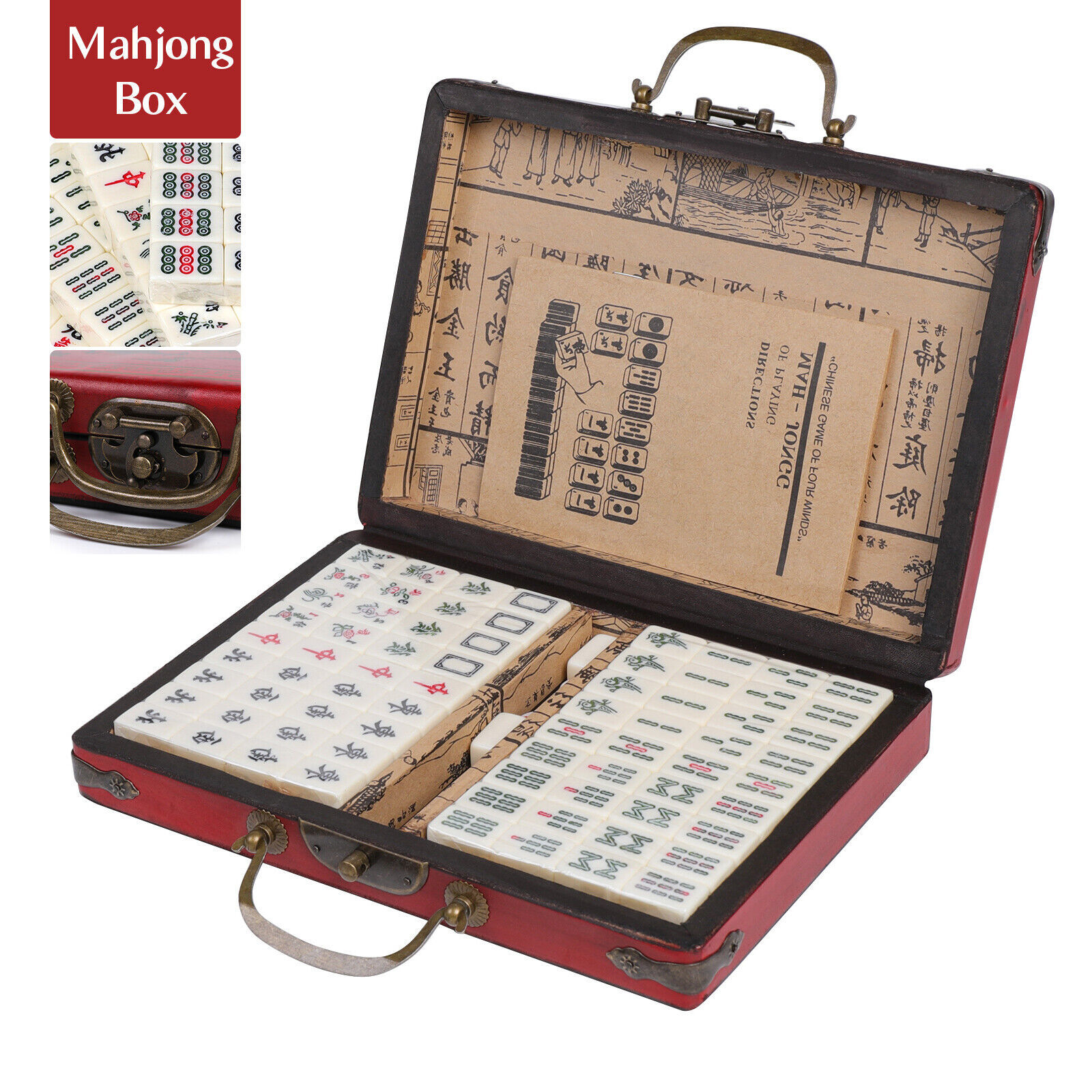 Bamboo Portable Mahjong Chinese 144 Tiles Mah-Jong Set W/ English Instruction