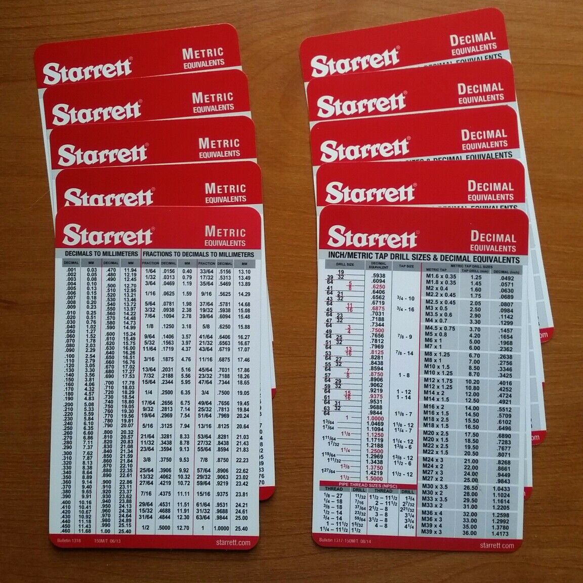 10 Pack Starrett Machinist Pocket Charts, Decimal/metric Cards, Tap Drill Sizes