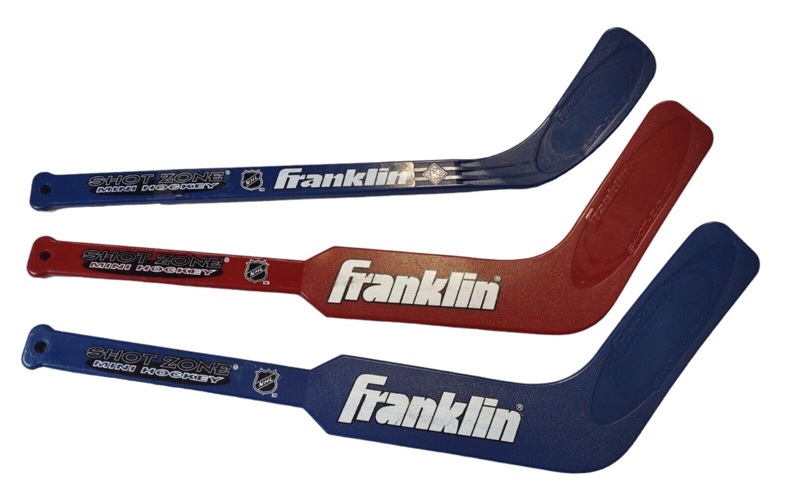 Franklin NHL Shot Zone Mini Knee Hockey Sticks Set of 3 Red Blue Includes Goalie