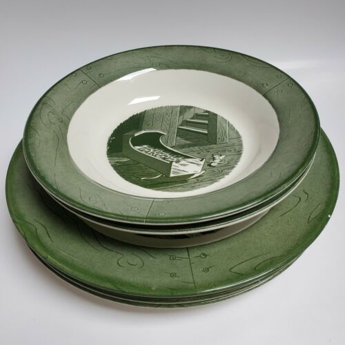 5 Pieces Of Colonial Homestead By Royal Green. 3 Dinner Plates & 2 Bowls