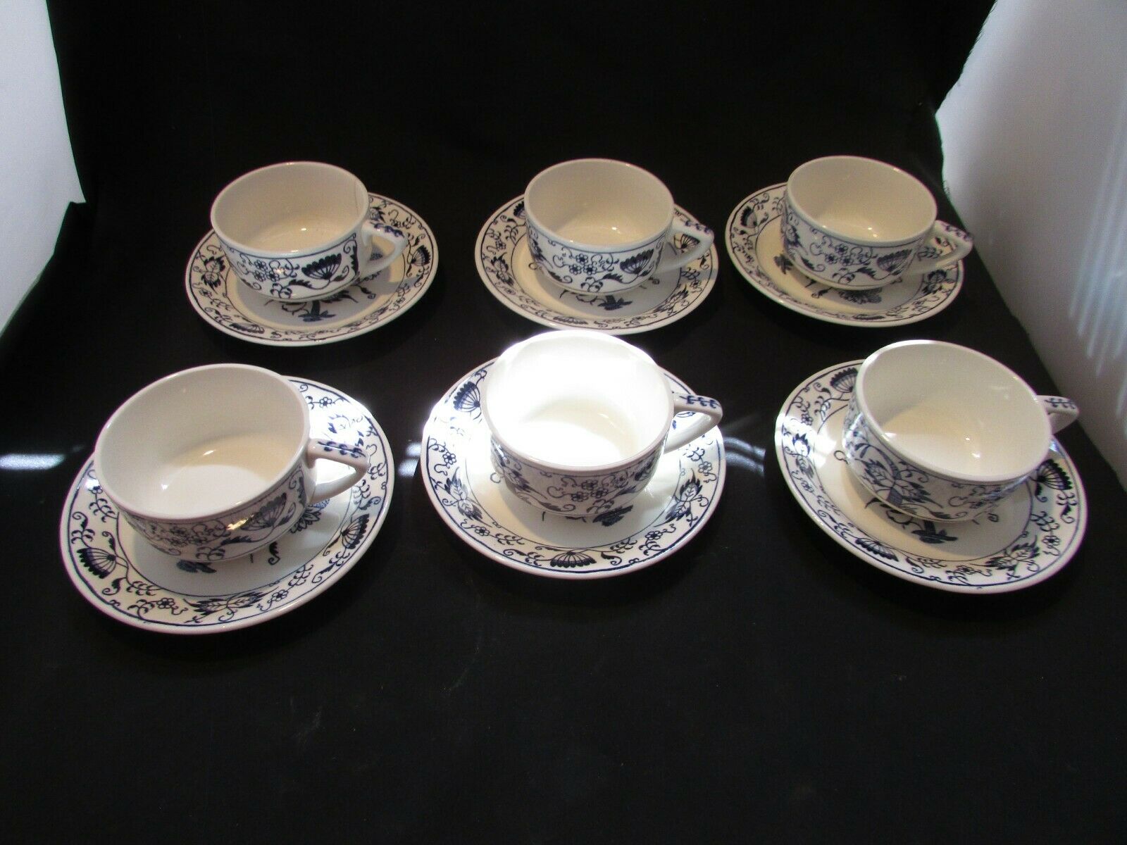 Set Six (6) Blue Onion, Royal China, Doorn, Underglaze, Flat Teacups & Saucers