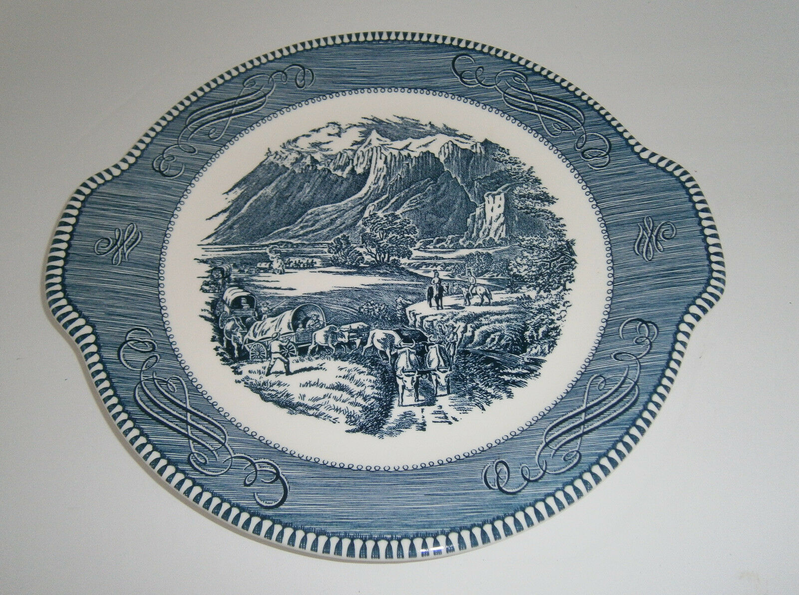 Currier & Ives Rocky Mountains Royal China Blue Round Handled Cake Plate EUC