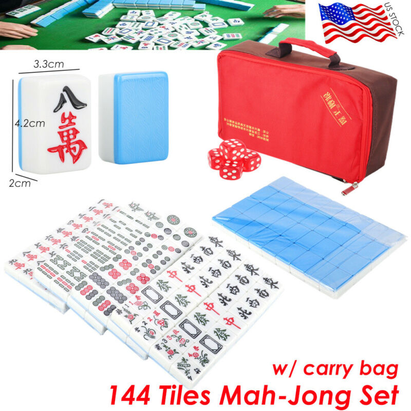 144 Tiles Mah-jong Set Game with Carry Bag Green Blue Portable Chinese Gift
