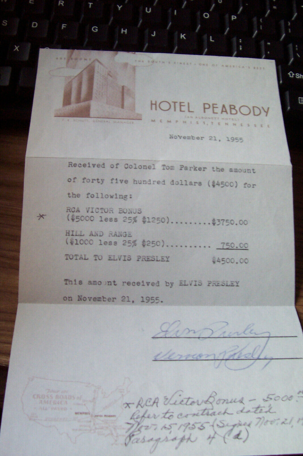 Elvis Presley $4,500.00 Paid Receipt To Elvis Hotel Peabody. Signed By Elvis & V