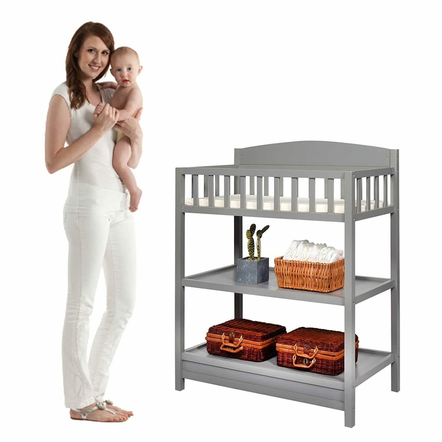 Baby Changing Table w/ Pad Diaper Station Organizer Nursery Furniture Grey
