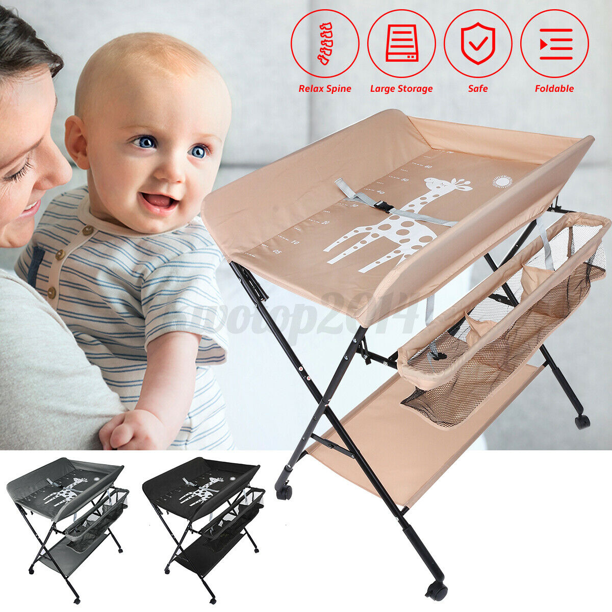 Foldable Baby Change Table 0-24 Months Diaper Changing Table W/ Wheels Storage