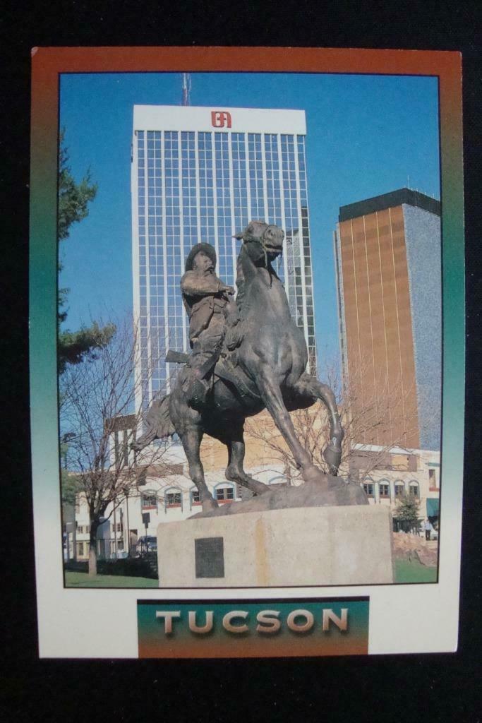 147) Tucson Arizona, Skyline, Office Buildings, Old West Cowboy Statue, Postcard